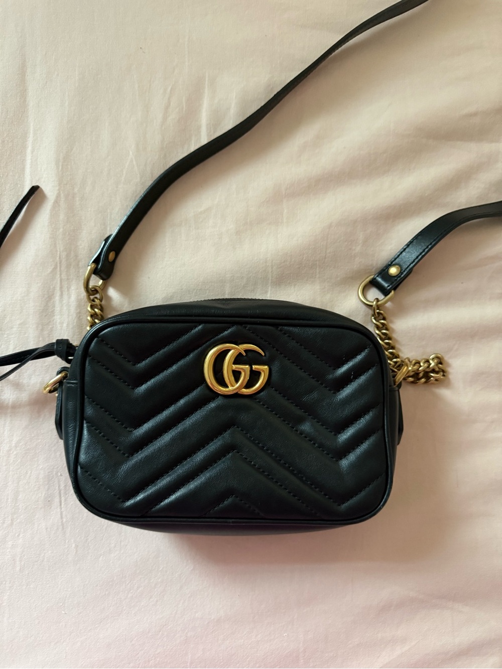 Gucci Black Quilted GG Marmont Small Crossbody Bag with Gold Hardware